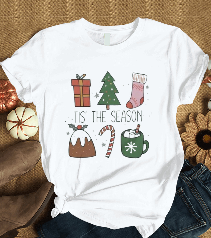 'Tis the Season Christmas Tree Stocking Gift Candy Cane Hot Chocolate T-Shirt
