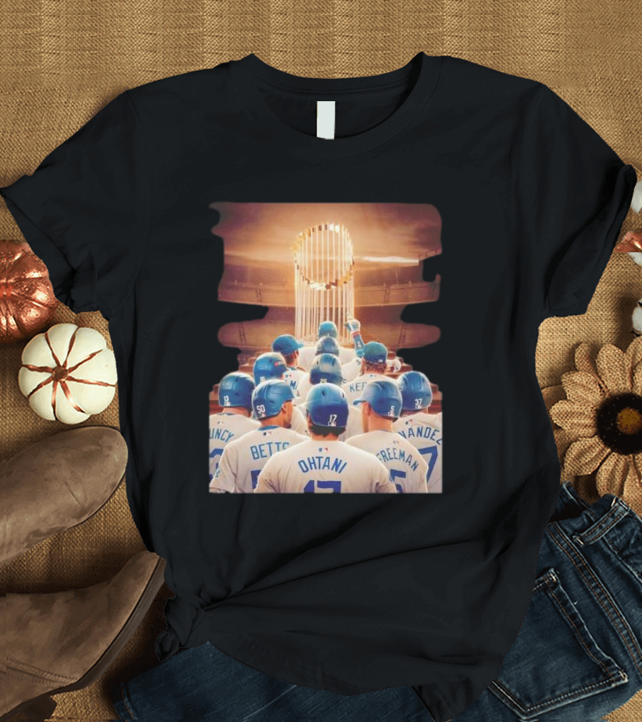 Los Angeles Dodgers Bleed Blue 2024 World Series Champions Celebration with Team Unity and Trophy on Field T-Shirt
