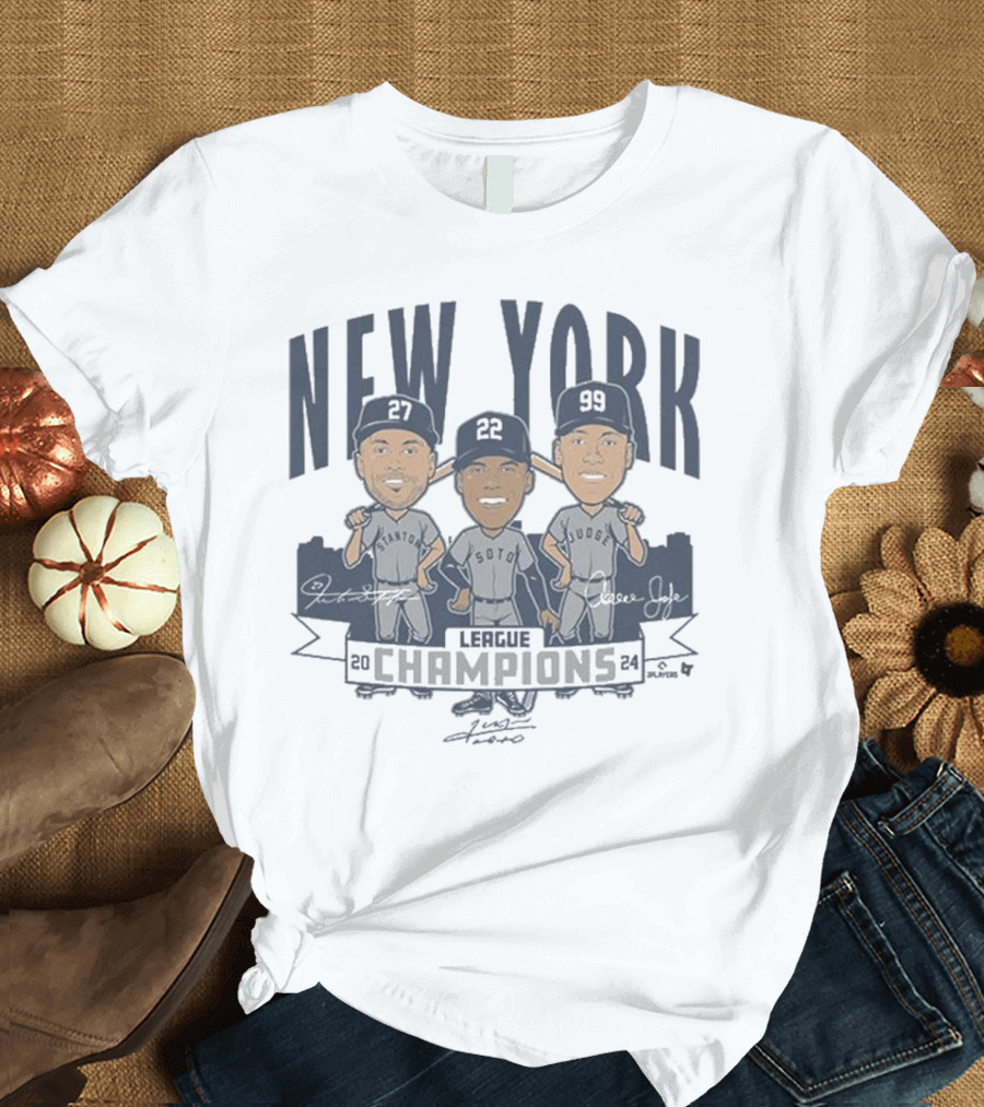 New York League Champions 2024 Stanton Soto Judge Caricatures Signatures T-Shirt