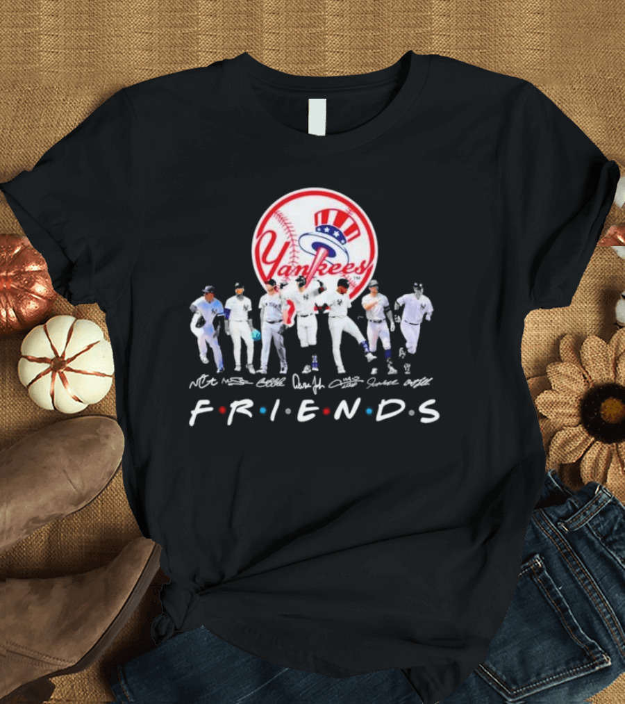 New York Yankees Friends TV Show Style Logo with Baseball Players Signatures T-Shirt
