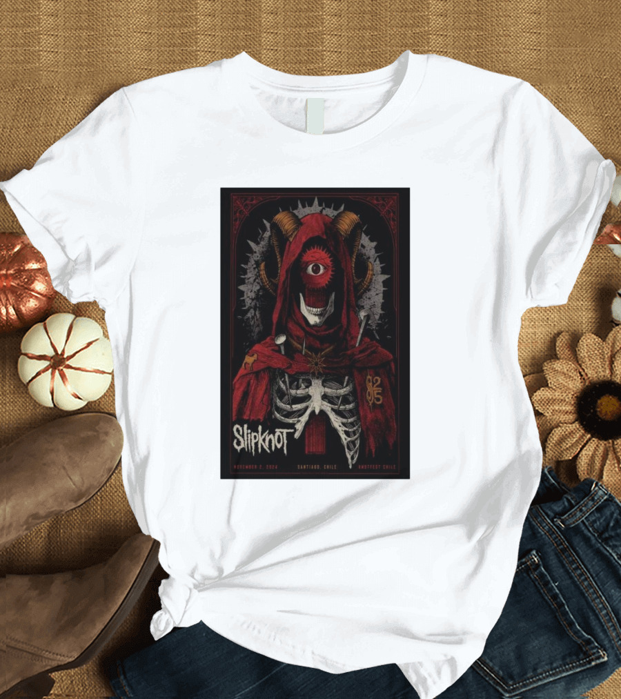 Slipknot Estadio Nacional Santiago Chile November 2 2024 Event Skeleton Hooded Figure Eye Horns T-Shirt