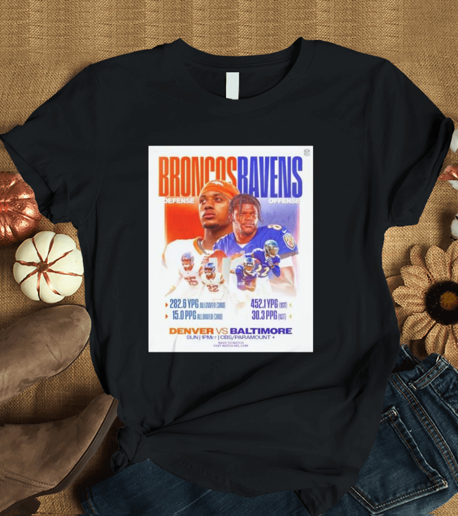 Broncos Ravens Defense vs Offense Matchup Sunday on CBS/Paramount T-Shirt