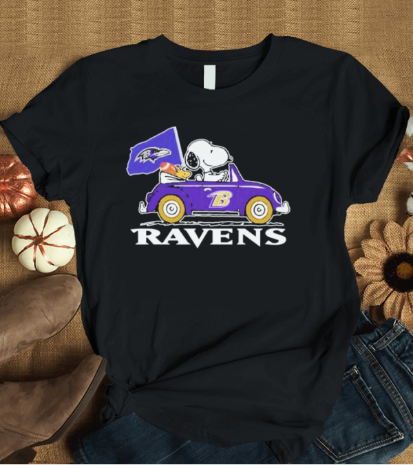 T-Shirt: Snoopy and Woodstock Driving Ravens Car with Flag T-Shirt Snoopy and Woodstock Driving Ravens Car with Flag T-Shirt