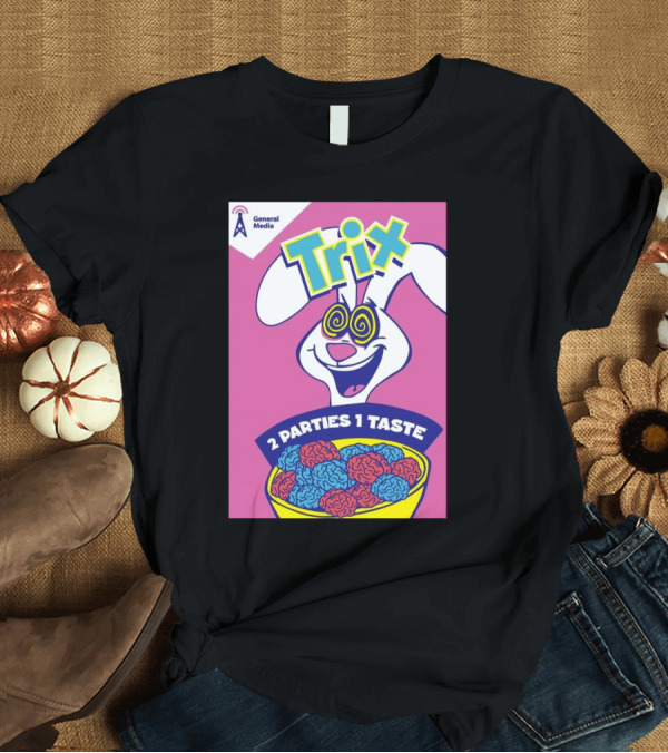 T-Shirt: Trix Cereal Bunny with Swirled Eyes and Brain Bowl 2 Parties 1 Taste General Media T-Shirt Trix Cereal Bunny with Swirled Eyes and Brain Bowl 2 Parties 1 Taste General Media T-Shirt