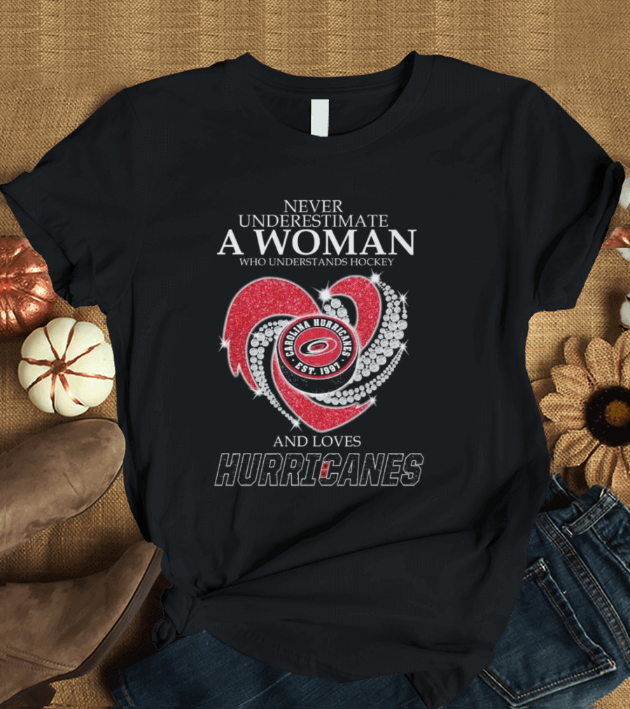 Never Underestimate a Woman Who Understands Hockey and Loves Carolina Hurricanes Est. 1997 Diamond Heart T-Shirt