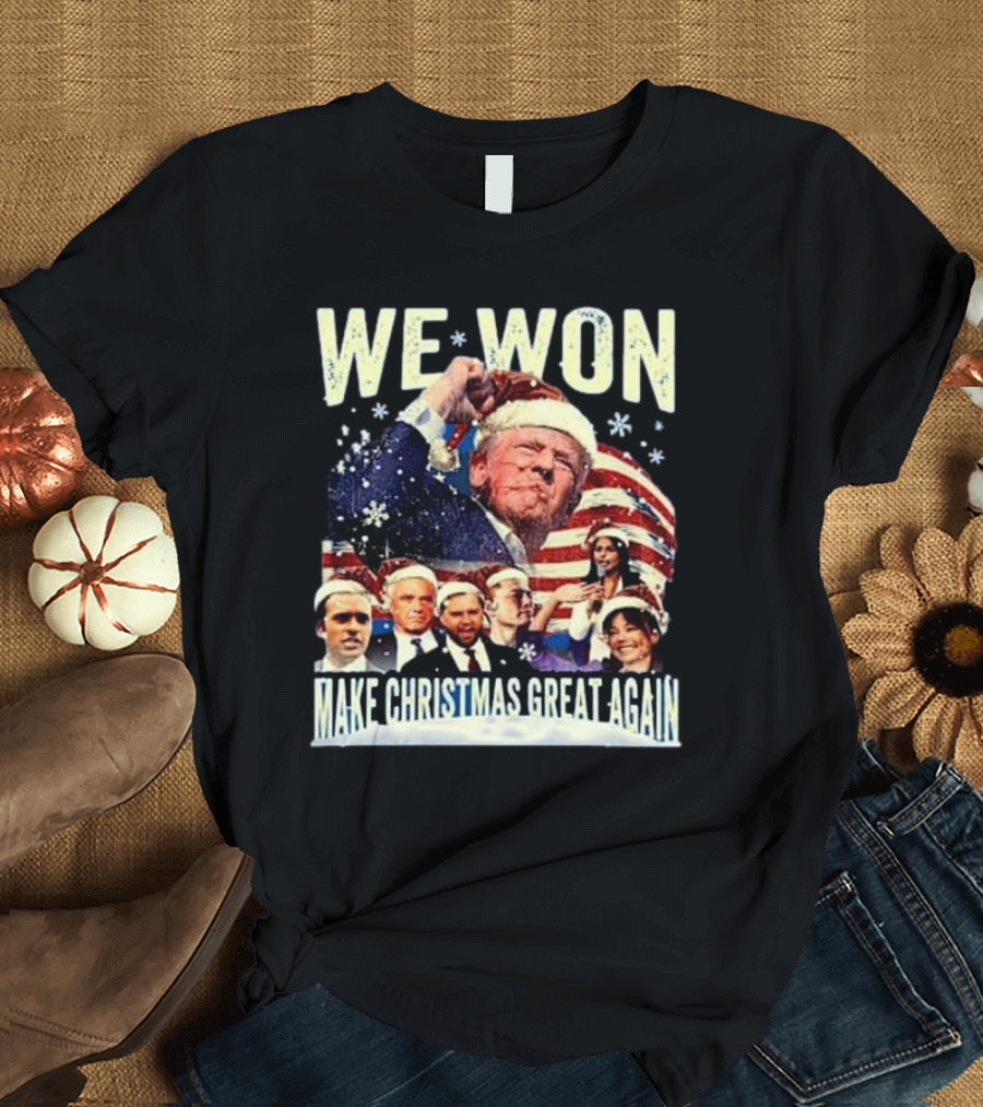Trump 2024 We Won Make Christmas Great Again Santa Hat Flag Snowflakes T-Shirt