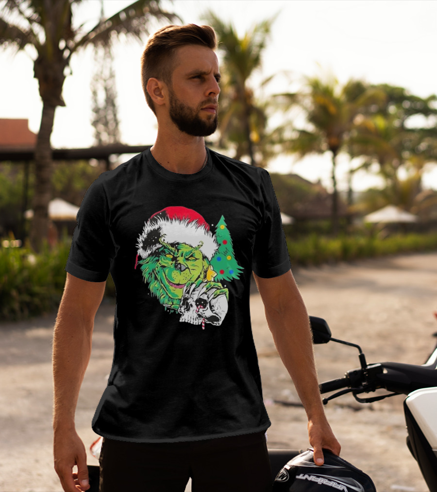 Grinch Santa Hat Skull Christmas Tree Scene T-Shirt