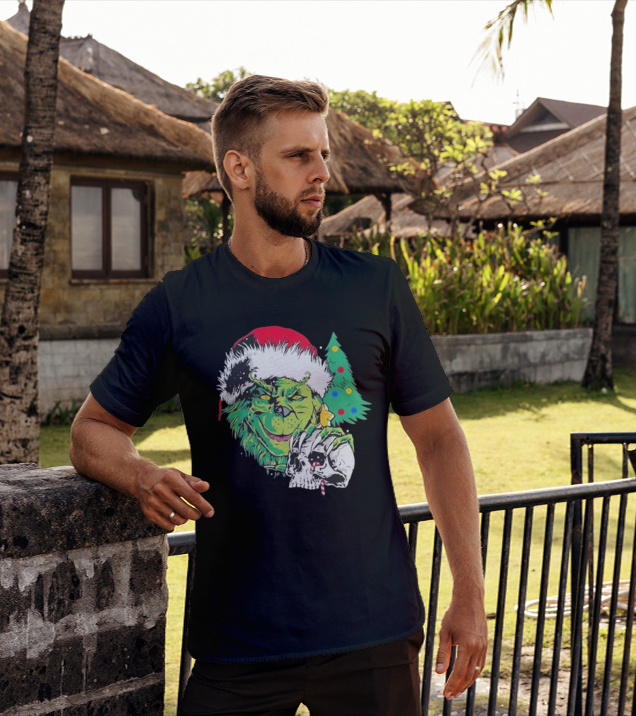 Grinch Santa Hat Skull Christmas Tree Scene T-Shirt