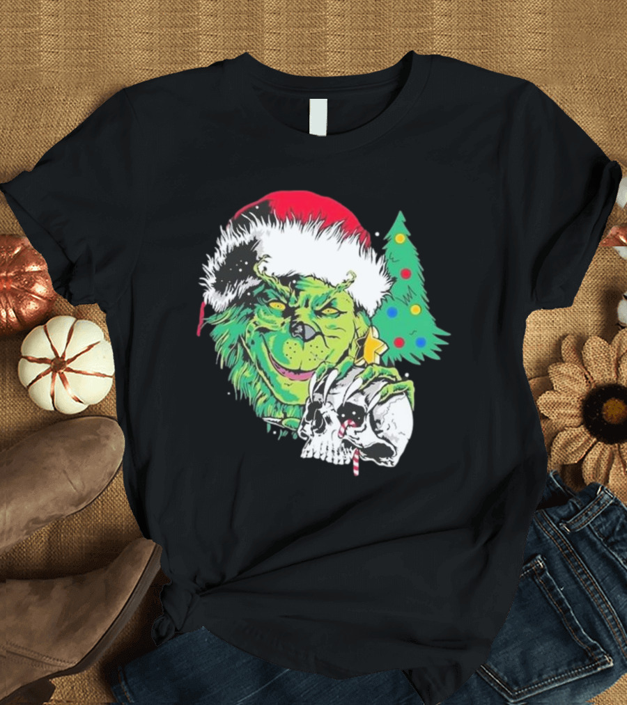 Grinch Santa Hat Skull Christmas Tree Scene T-Shirt