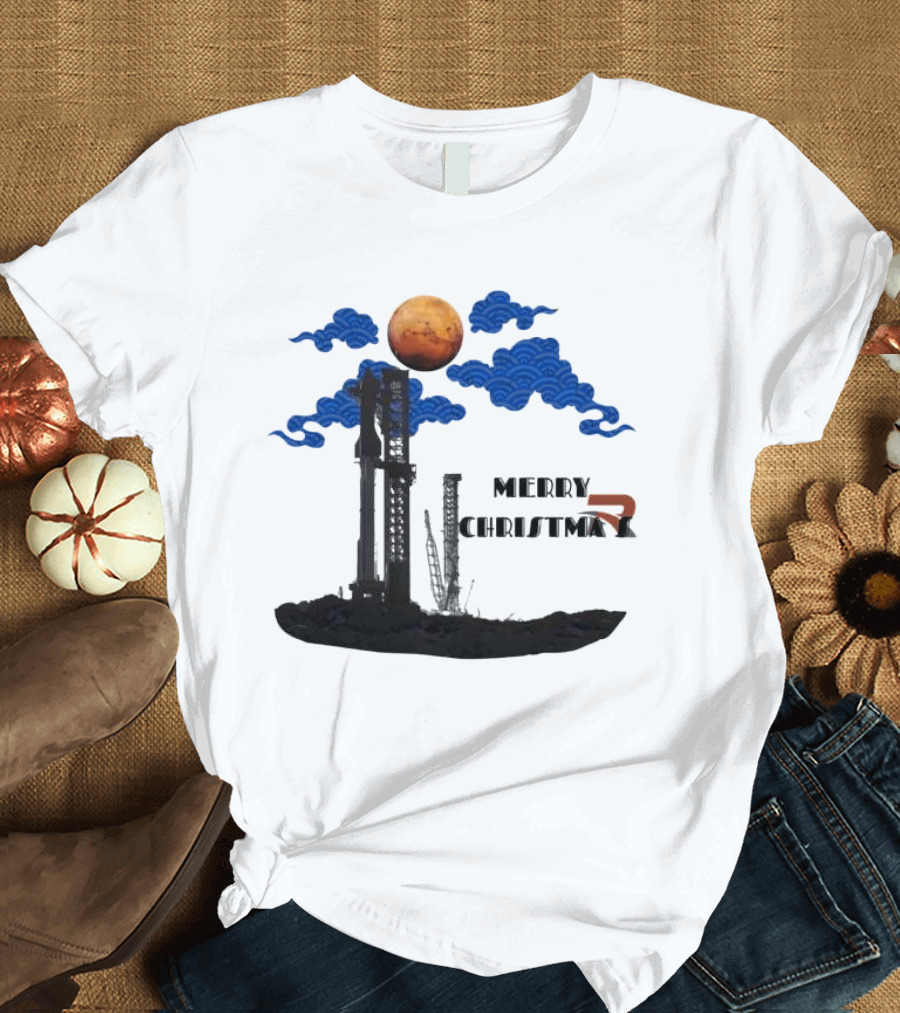 Merry Christmas Mars Rocket Mars Planet Blue Clouds T-Shirt