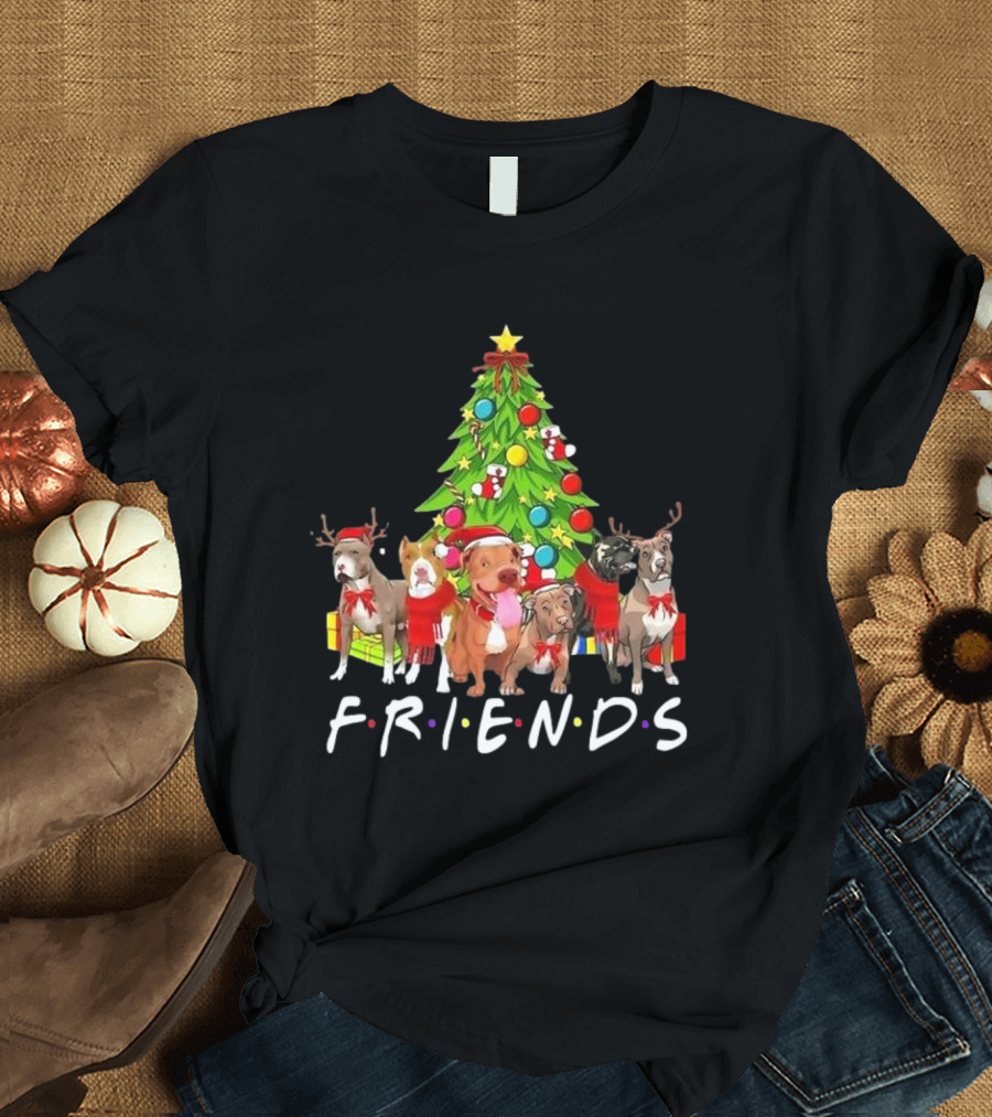 FRIENDS Christmas Tree with Pitbulls in Festive Scarf and Antlers T-Shirt