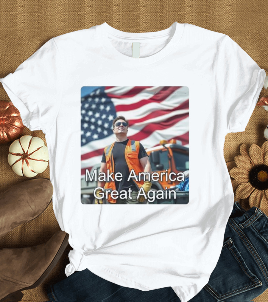 Make America Great Again Elon Musk in Orange Vest with American Flag Background T-Shirt