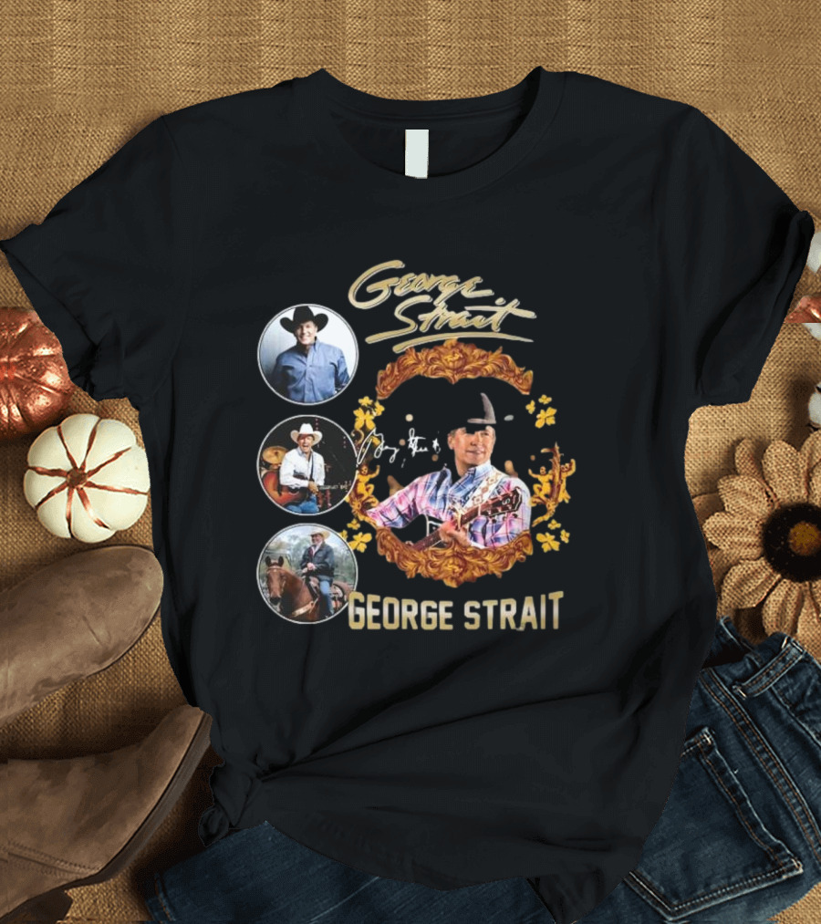 George Strait American Country Music Singer Signature Collage with Cowboy Hat and Guitar T-Shirt