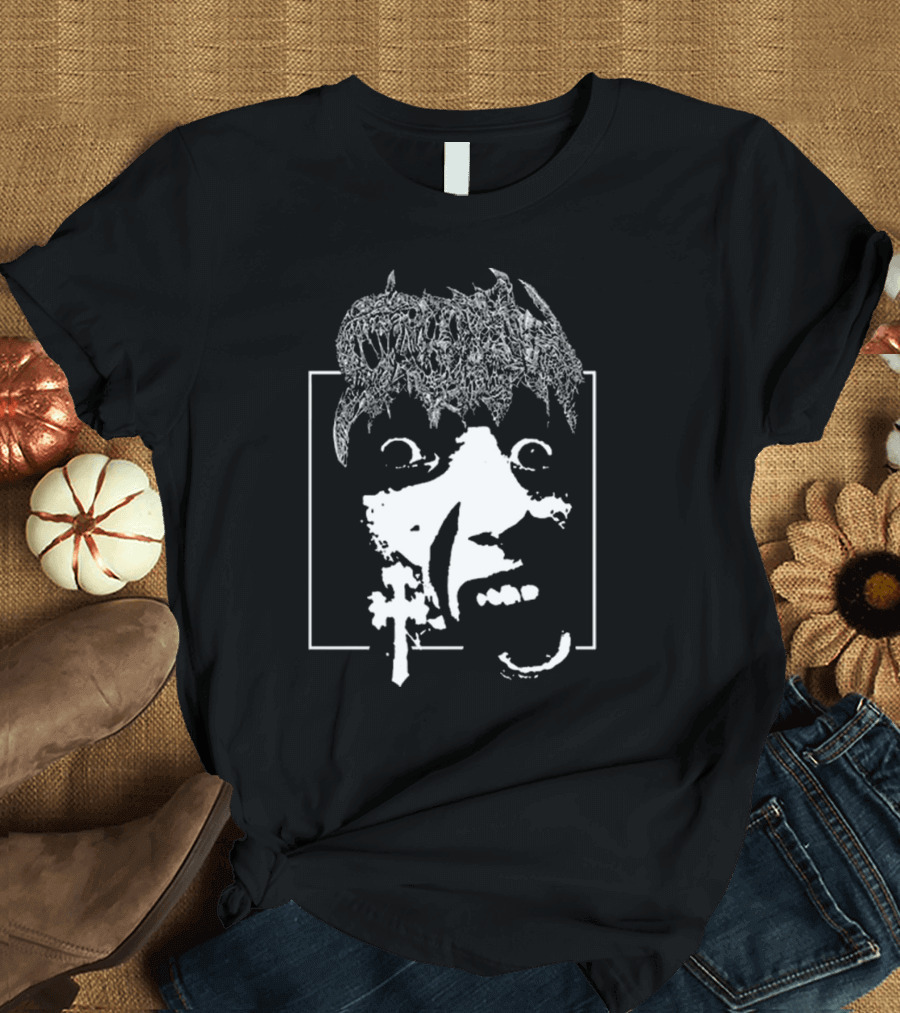 Crown Vic Staring Into The Abyss Horror Face With Cross Frame T-Shirt