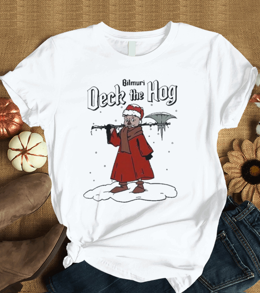 Bilmuri Deck the Hog Santa Pig Holding Weapon Snow Scene T-Shirt