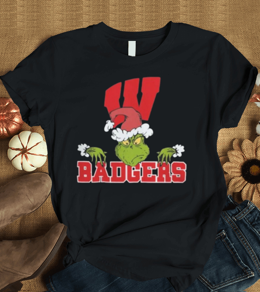 NCAA Wisconsin Badgers Grinch Christmas Football T-Shirt