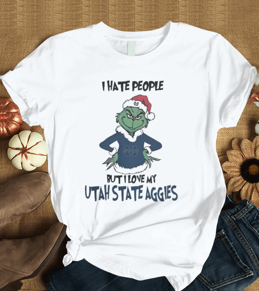I Hate People But I Love My Utah State Aggies Grinch Christmas T-Shirt