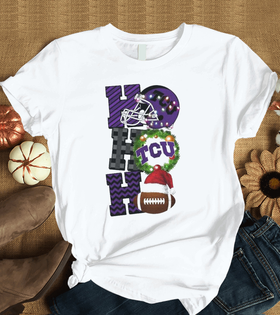 TCU Horned Frogs Football Christmas Ho Ho Ho Helmet and Wreath Game Day T-Shirt