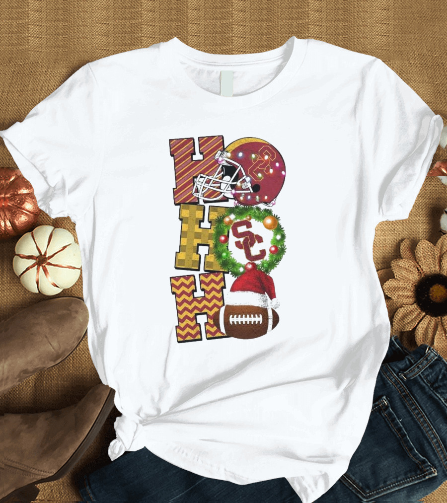 USC Trojans Football Christmas Ho Ho Ho SC Festive Helmet Wreath Game Day T-Shirt