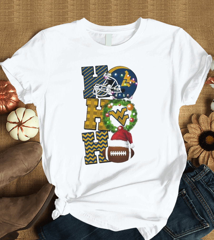 West Virginia Mountaineers Football Christmas Ho Ho Ho Helmet Wreath Santa Hat Game Day T-Shirt
