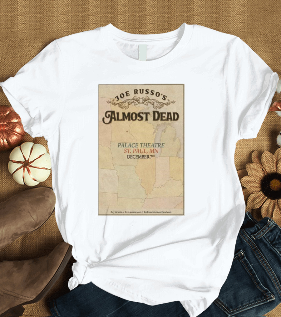 Joe Russo's Almost Dead December 7th 2024 Palace Theatre St. Paul MN Tour Poster with Vintage Map T-Shirt