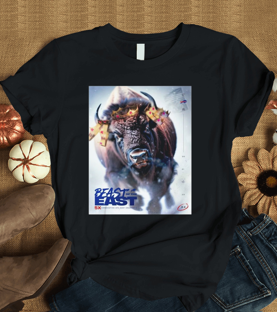 Buffalo Bills Beast of the East 5x Consecutive AFC East Champions Back-To-Back Victory Buffalo Imagery with Flags and Crown Elements T-Shirt