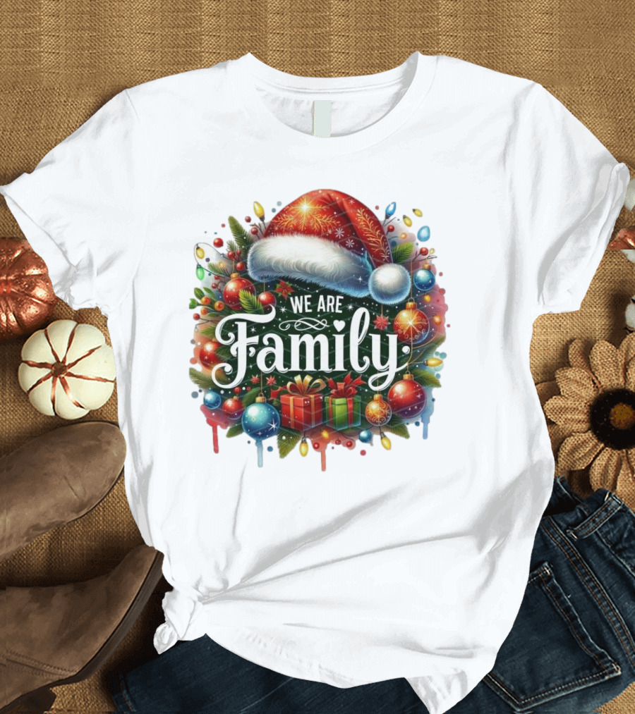 We Are Family Christmas 2024 Santa Hat Ornaments Presents Festive Crew T-Shirt
