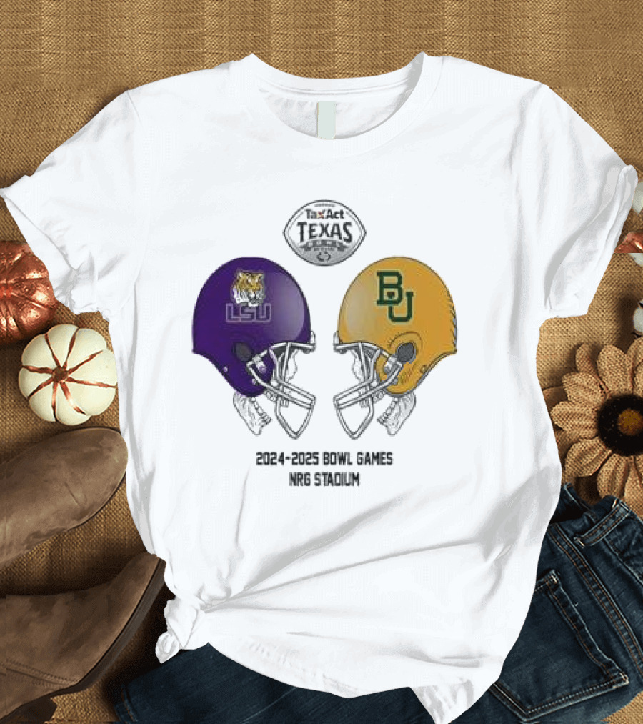 Texas Bowl 2024-2025 LSU Tigers vs Baylor Bears NRG Stadium Helmet Head To Head T-Shirt
