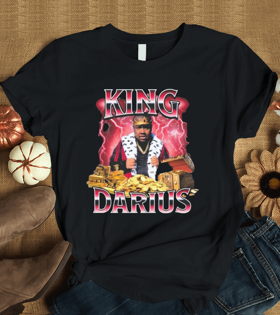 King Darius Royal Gold Treasure with Crown and Lightning Background T-Shirt