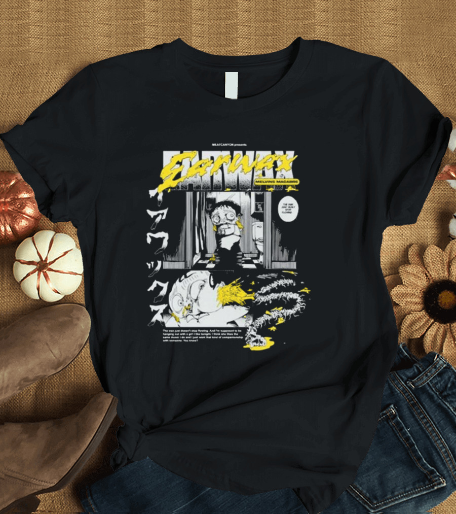 MEATCANYON Presents Earwax Melvin's Macabre Manga Comic Creepy Yellow Text Character Panels T-Shirt