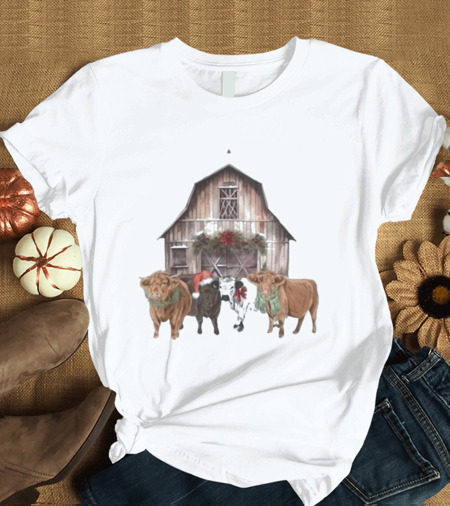 Katie Van Slyke Christmas Cows Barn Holiday Scene by Katie Van Slyke T-Shirt
