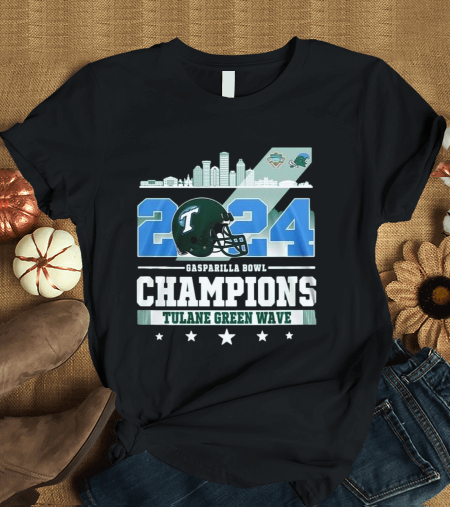 Gasparilla Bowl Champions 2024 Tulane Green Wave Waving Skyline T-Shirt