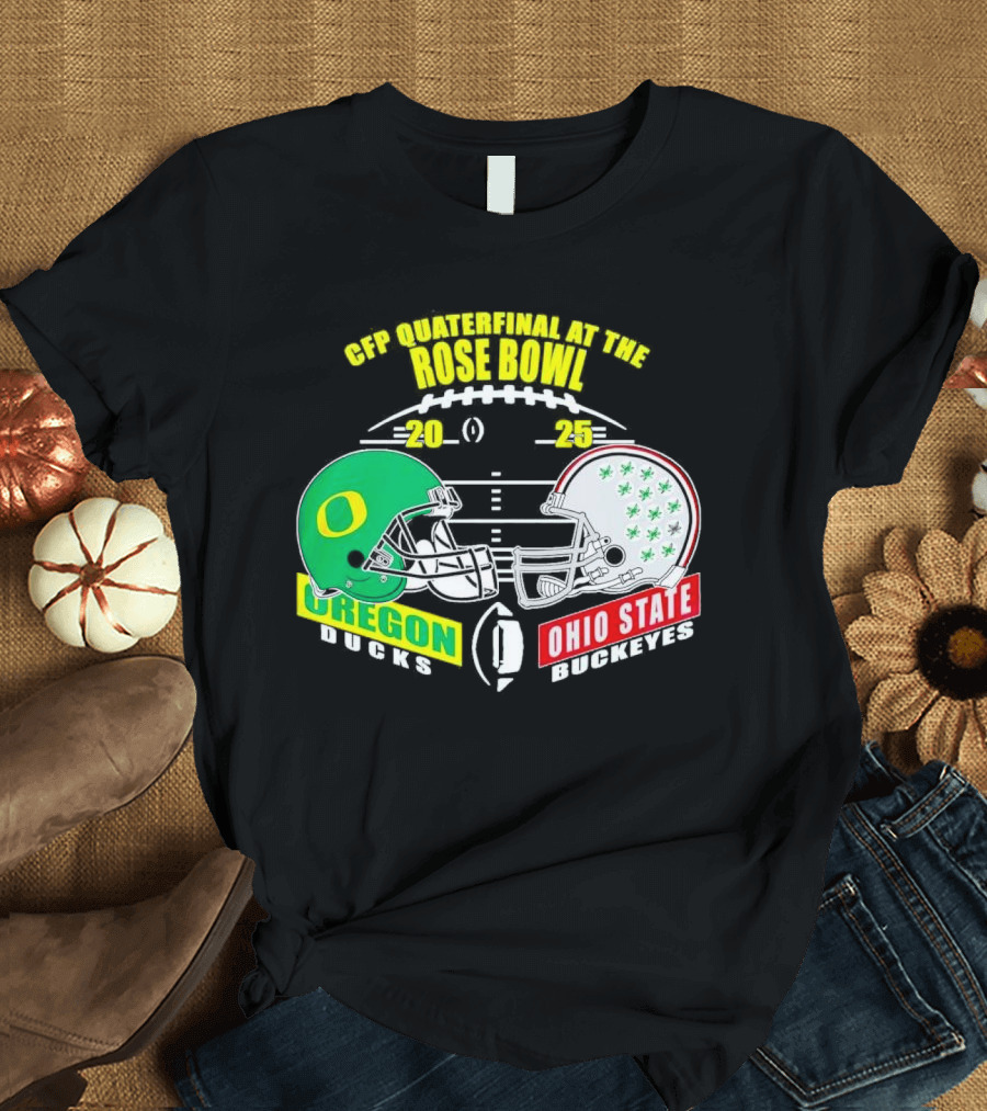 CFP Quarterfinal at the Rose Bowl 2025 Oregon Ducks vs Ohio State Buckeyes Helmet Matchup T-Shirt