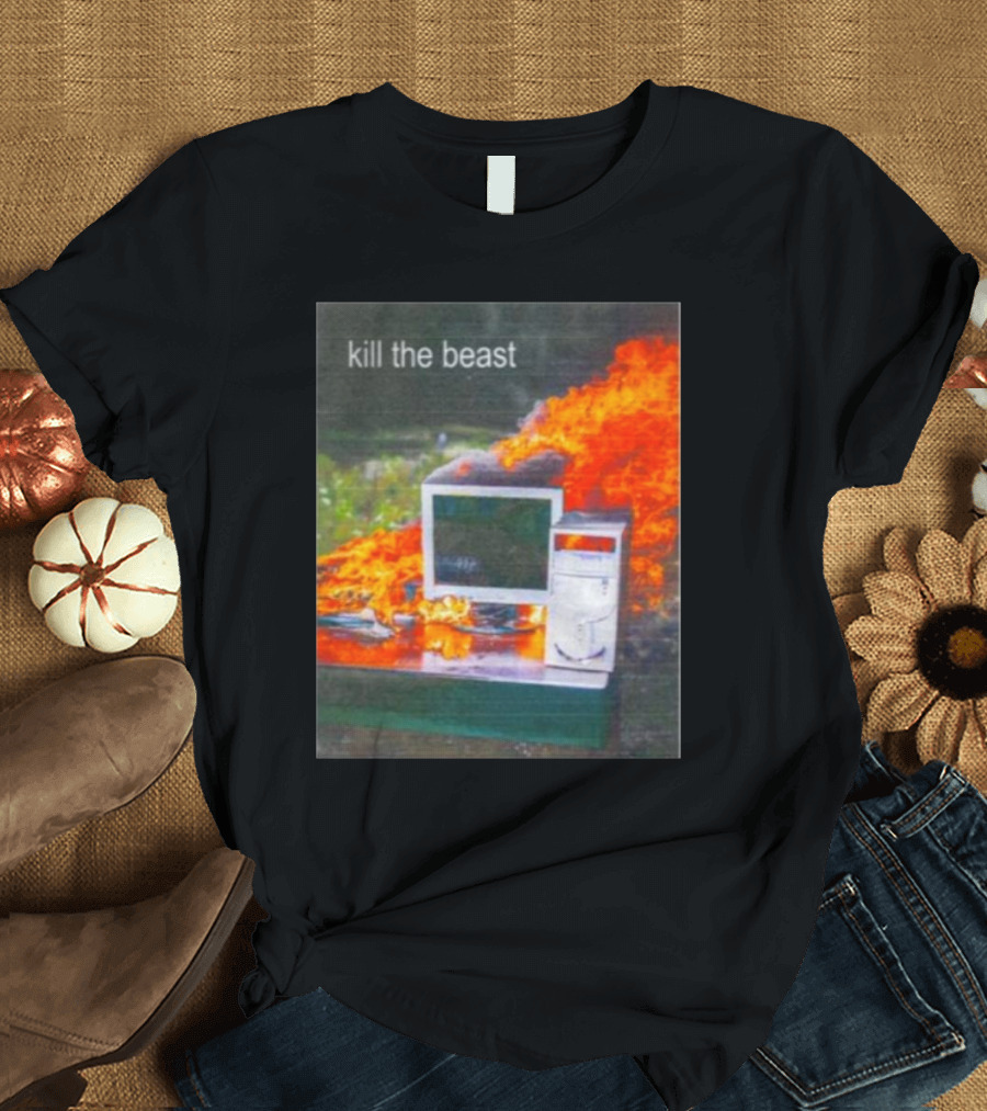 Kill The Beast Flaming Computer Dogecore Duel Monitors T-Shirt