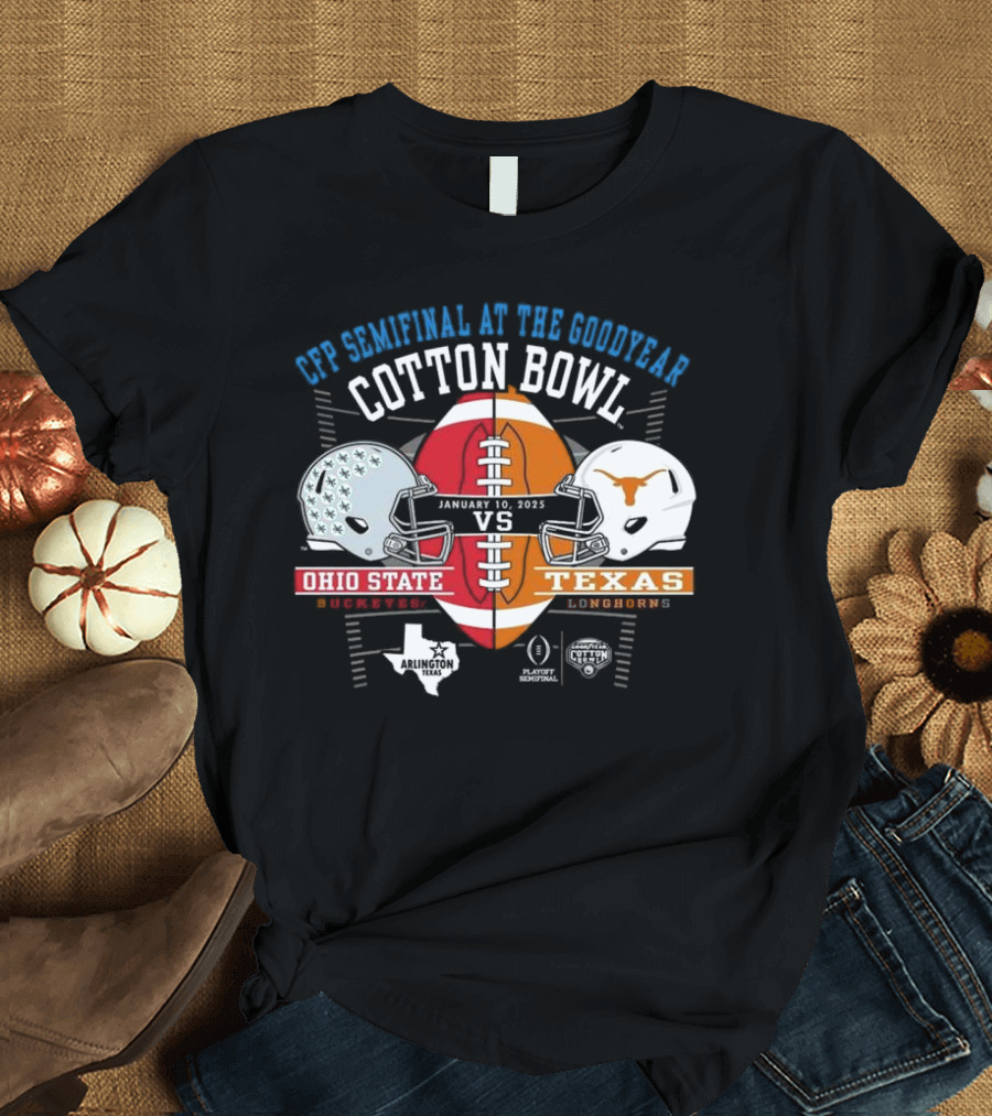 CFP Semifinal Goodyear Cotton Bowl Ohio State Buckeyes Vs Texas Longhorns January 10 2025 Arlington Texas Matchup Helmet T-Shirt