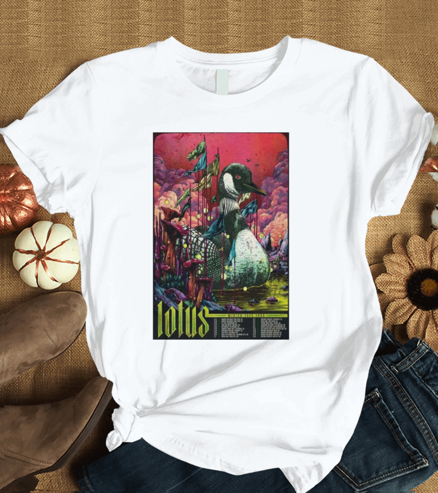 Lotus Tour Winter 2025 Surreal Nature Scene with Flags and Loon T-Shirt