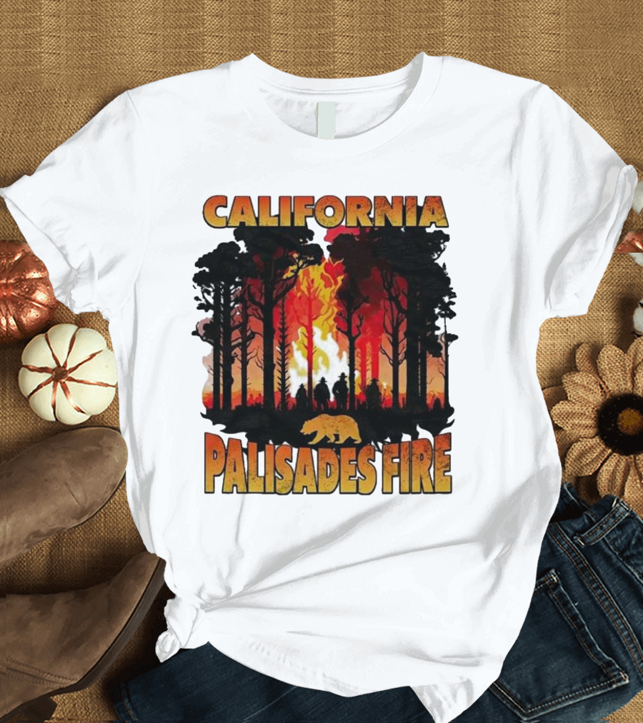 California Palisades Fire 2025 Forest Silhouette and Flames with Bear T-Shirt