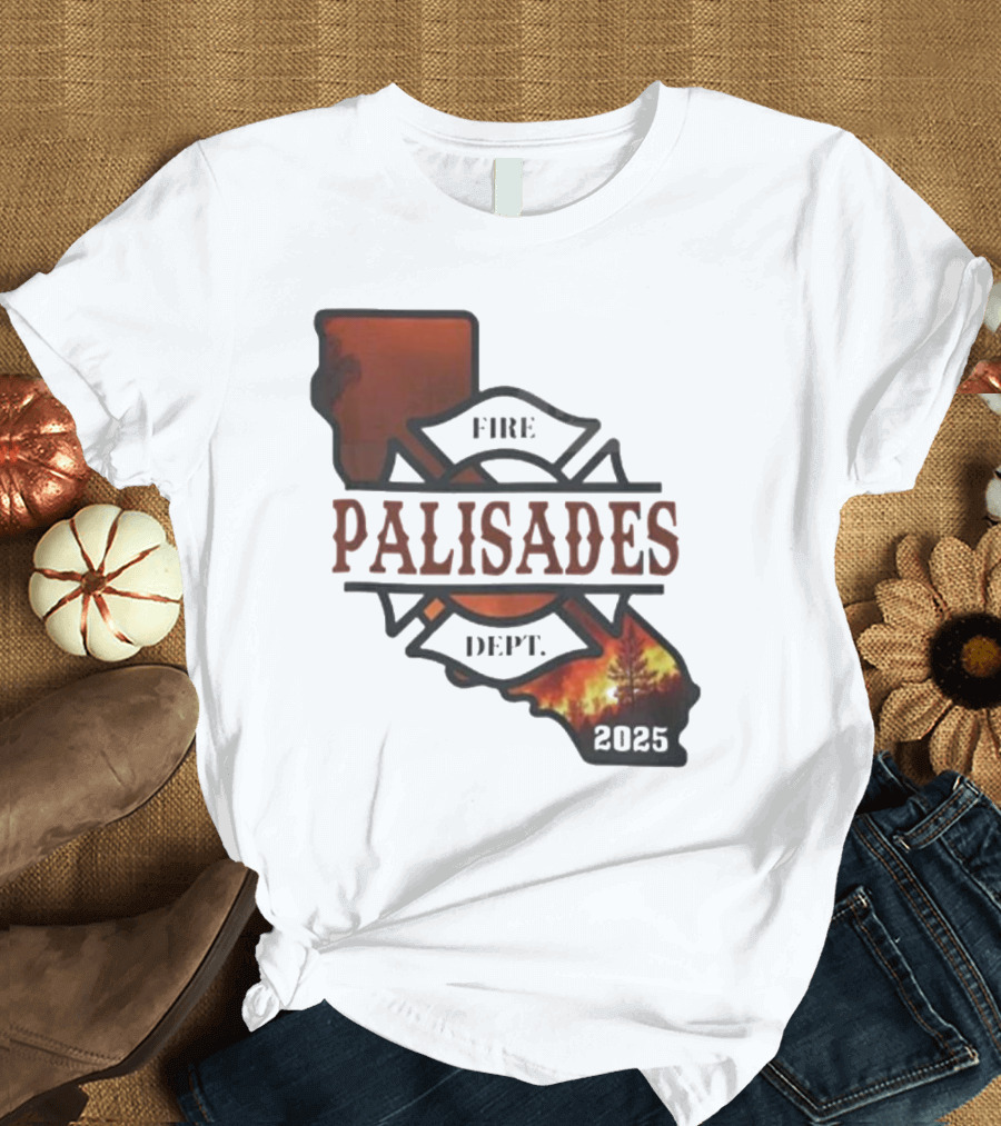 California Republic Palisades Fire Dept 2025 Badge with State and Flames T-Shirt