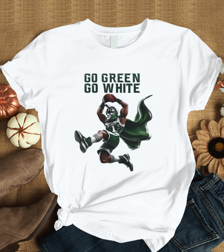 NCAA Michigan State Spartans Go Green Go White 2025 Mascot Dunking Basketball Player T-Shirt