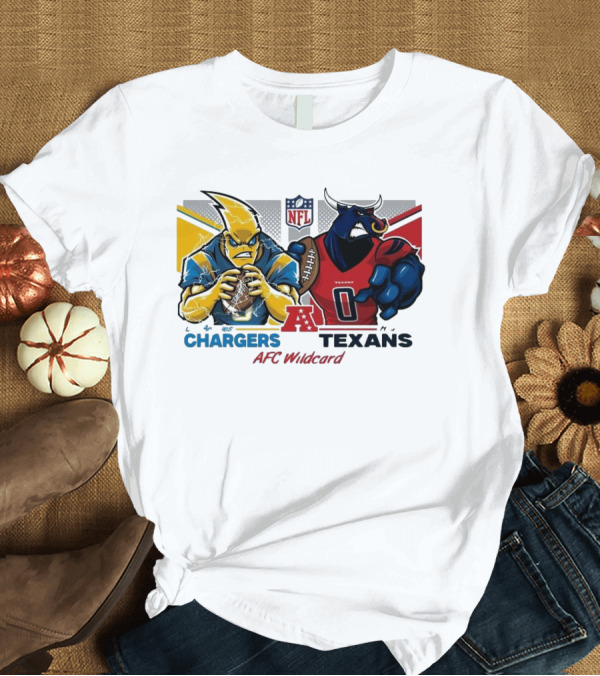 T-Shirt: Los Angeles Chargers vs Houston Texans NFL Playoffs AFC Wild Card Matchup Mascot Showdown T-Shirt Los Angeles Chargers vs Houston Texans NFL Playoffs AFC Wild Card Matchup Mascot Showdown T-Shirt