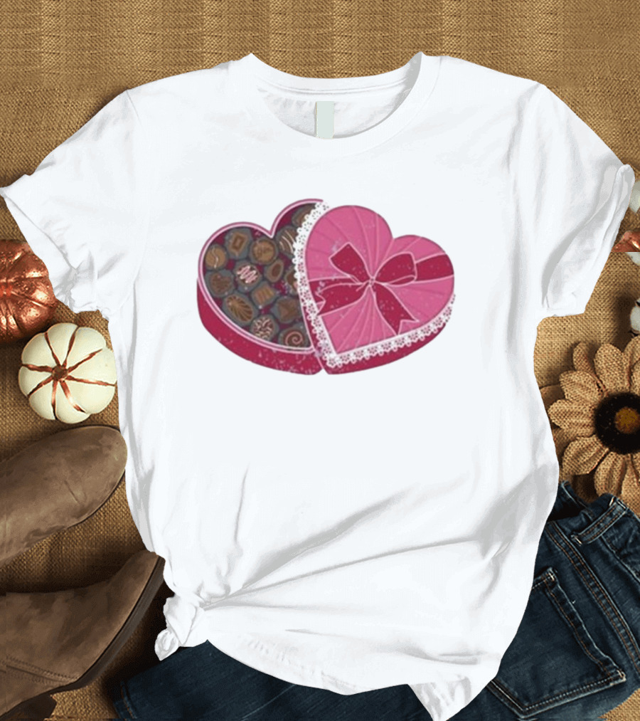 Mallory Ervin Heart Shaped Box of Chocolates with Pink Ribbon Lace T-Shirt