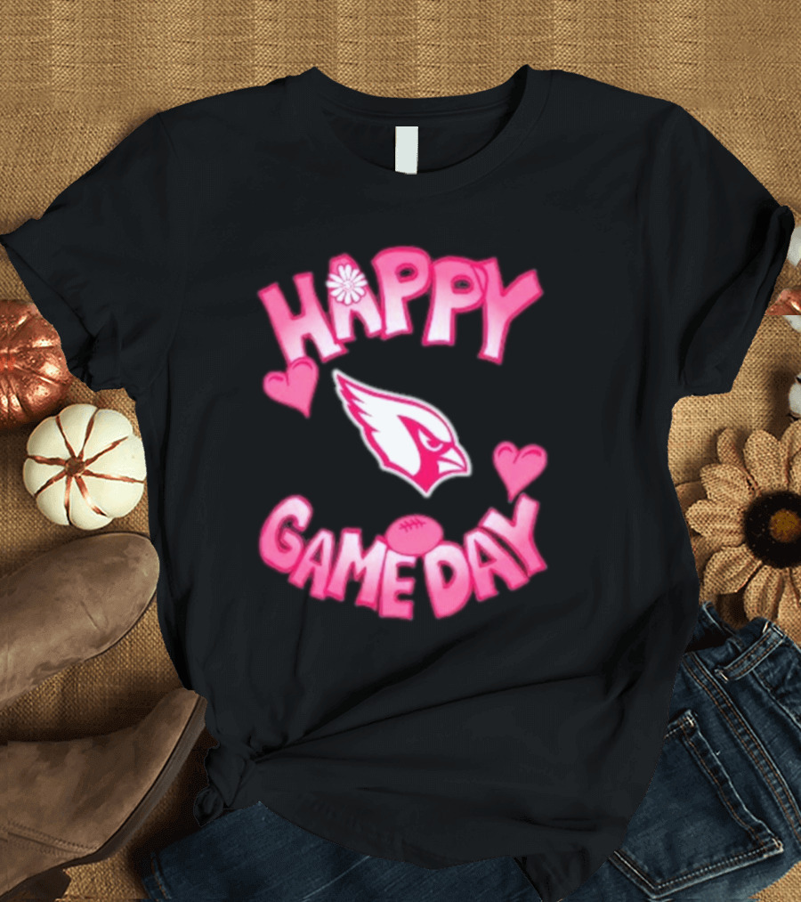 Valentine’s Day Arizona Cardinals Happy Gameday 2025 with Hearts and Football T-Shirt
