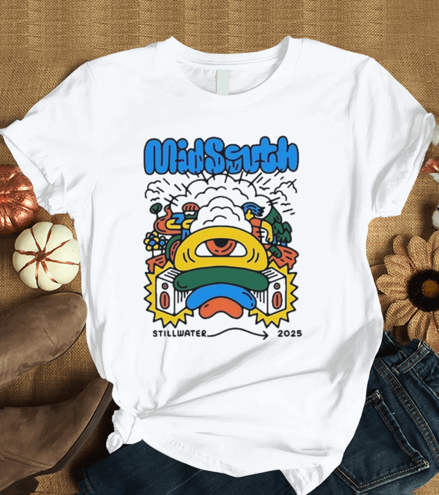 Mid South Stillwater 2025 Event Colorful Funky Cartoon Explosion T-Shirt