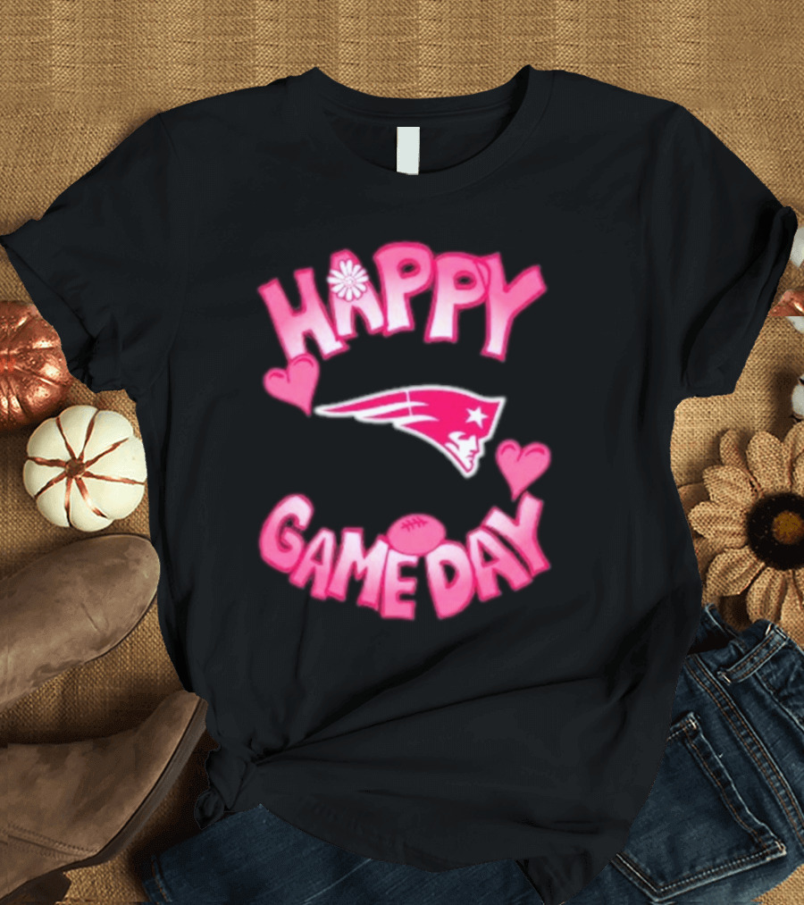 Valentine’s Day New England Patriots Happy Gameday 2025 with Hearts and Football T-Shirt