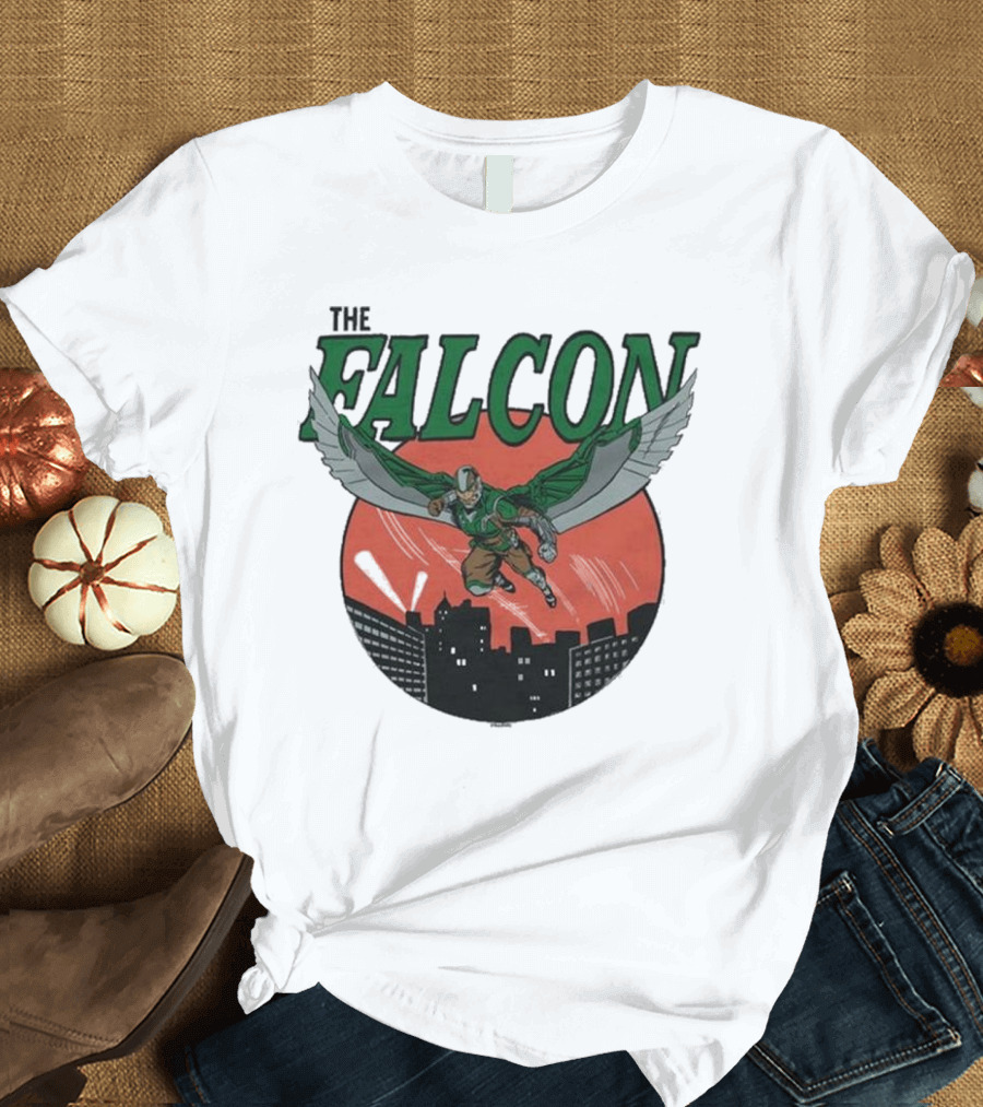 The Falcon Soaring Over City Skyline in Action-Packed Comic T-Shirt