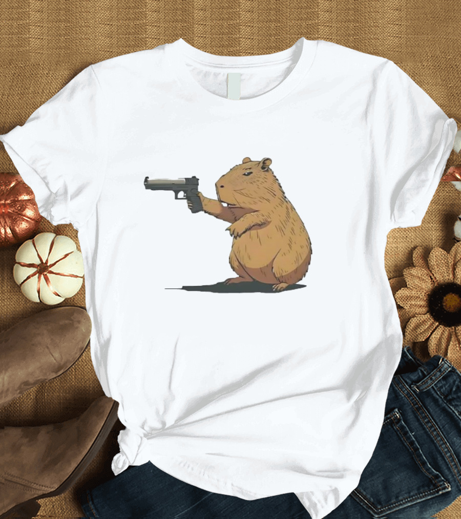 Capybara Holding a Gun in a Humorous Pose T-Shirt