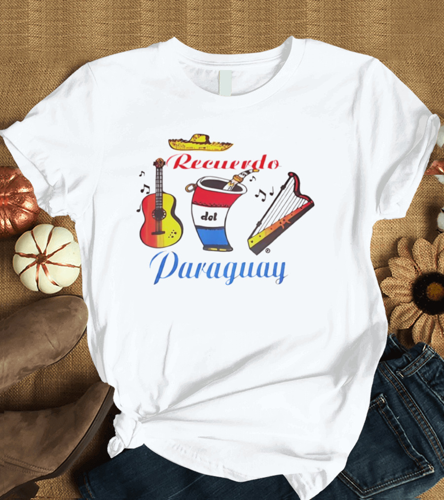 Recuerdo Del Paraguay Sombrero Guitar Mate Harp Music Notes T-Shirt