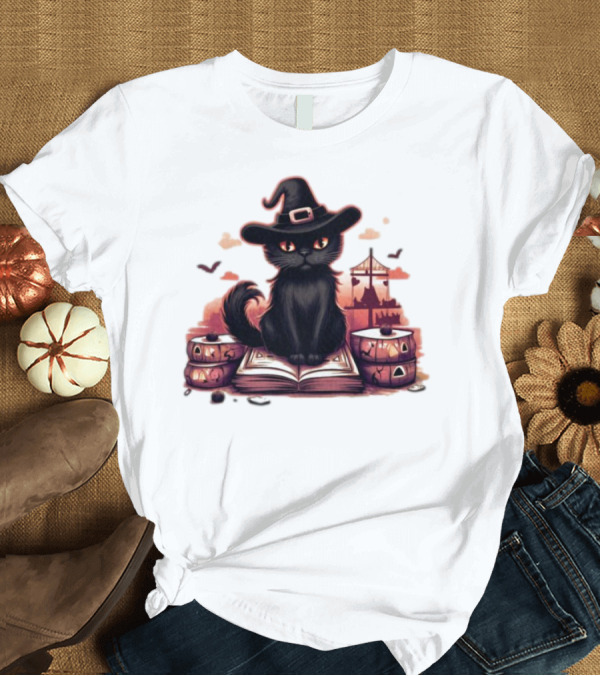 T-Shirt: Cat Magic Halloween Witch Hat Pumpkins and Spellbook T-Shirt Cat Magic Halloween Witch Hat Pumpkins and Spellbook T-Shirt