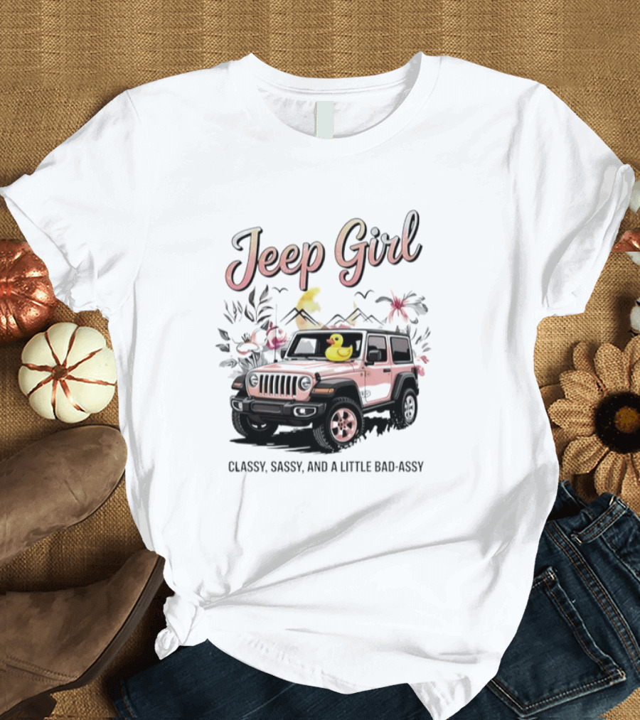Jeep Girl Classy Sassy and Little Bad-Assy Pink Jeep Rubber Duck Floral Bunnies T-Shirt