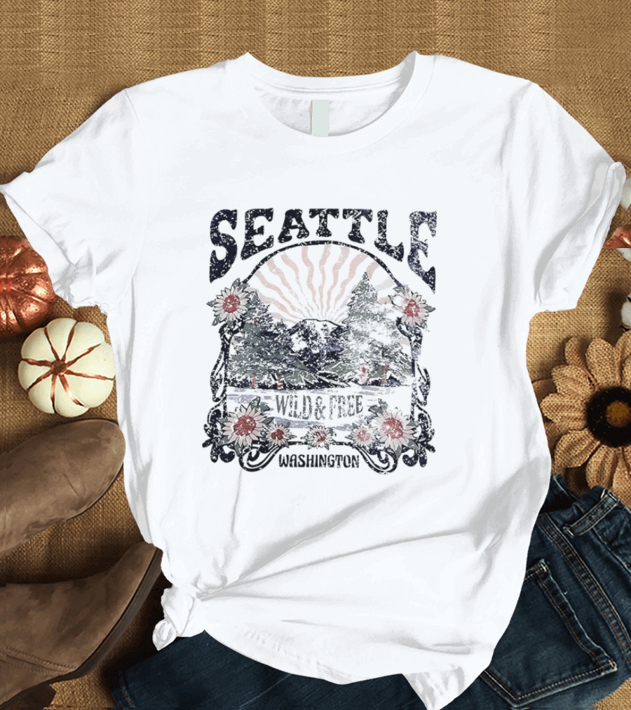 Seattle Washington Wild and Free Sunrise Trees Flowers T-Shirt